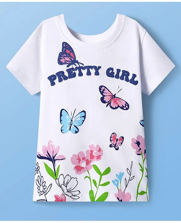 Pine Kids Cotton Knit Half Sleeves T-Shirt with Pretty Girl Text Print - White